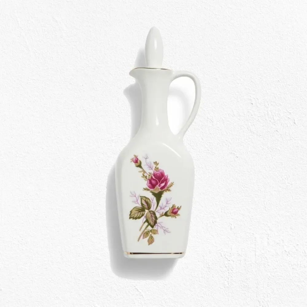 1950s Vintage Porcelain Decanter Floral Gold Trim Cork Stopper Mid-Century Cruet